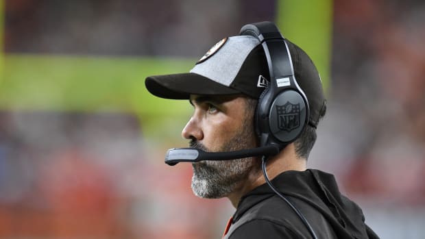 Sep 22, 2022; Cleveland, Ohio, USA; Cleveland Browns head coach Kevin Stefanski watches the game against the Pittsburgh Steelers from the sideline in the second quarter at FirstEnergy Stadium. Mandatory Credit: Lon Horwedel-USA TODAY Sports